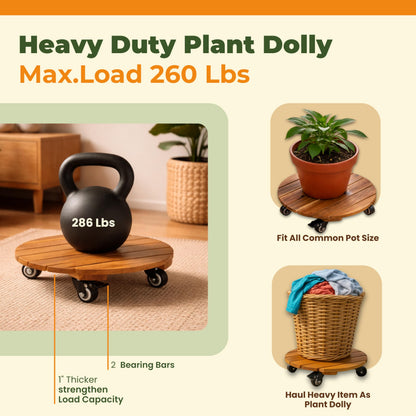 Jurax 14 Inch Wood Plant Caddy with Wheels – Heavy Duty Plant Dolly Holds Up to 286 lbs, 360° Lockable Casters, Rolling Plant Stand Indoor Outdoor for Large Pots – 2 Packs, Round-Golden Teak
