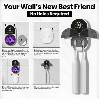 UV Toothbrush Sanitizer Holder & Cleaner with Led Clock Display, Hands-Free Wave Sensing & Dual Toothbrush Storage - Wall Mounted UV Tooth Brush Sanitizer Holder for Bathroom Decor, Fits All Brushes