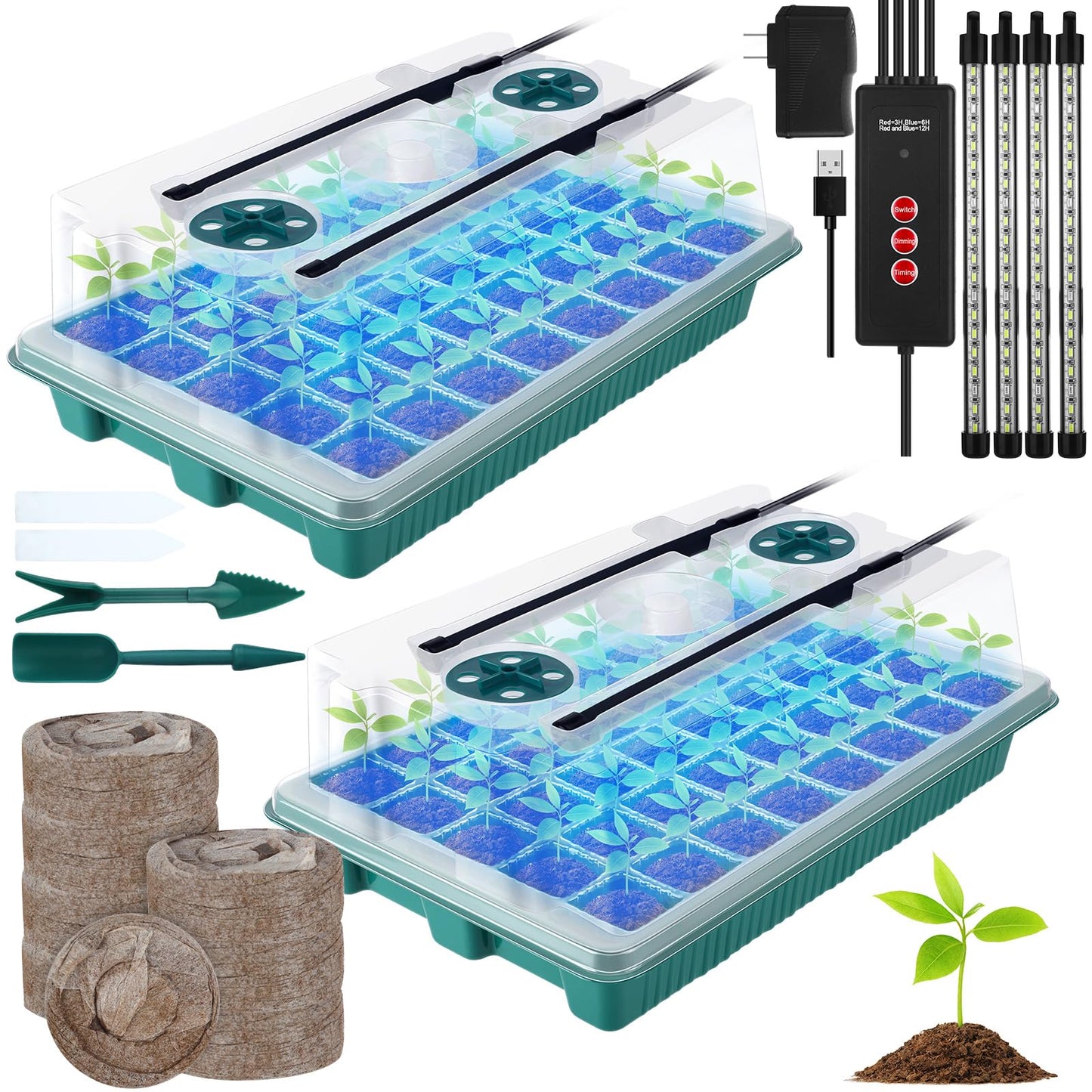 FillTouch 2 Packs 80 Cells Seed Starter Trays Kit with 4 Grow Light Seed Starter Kit Seedling Starter Trays with Humidity Dome and 80 Pcs Peat Pellet for Garden Seeds Propagation Seedlings