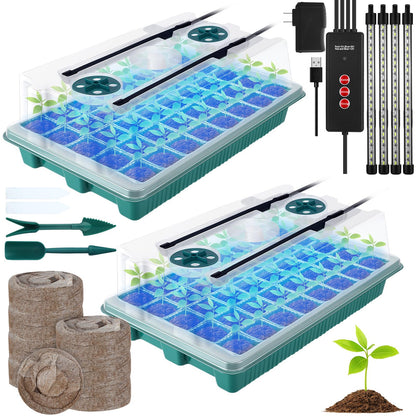 FillTouch 2 Packs 80 Cells Seed Starter Trays Kit with 4 Grow Light Seed Starter Kit Seedling Starter Trays with Humidity Dome and 80 Pcs Peat Pellet for Garden Seeds Propagation Seedlings