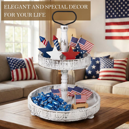 Horse Rustic Wooden Tiered Tray, 18.5x12.5 2 Tier Farmhouse Decor Cupcake Stand, Round Serving Tray for Home Kitchen Shelf Dinning Table Seasonal & Independence Day,Halloween,Christmas Decorations