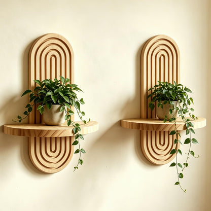 Natural Solid Wood Arched Wall Mount Shelf, Floating Decor Display Shelving for Succulents, Mini Plants, Home Decor & Bathroom Small Ornaments (Natural, 11.8" X 7.8")