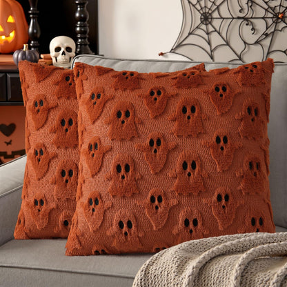 decorUhome Fall Halloween Ghost Pillow Covers 18x18 Inch Pack of 2 Soft Plush Faux Wool Textured Throw Pillow Covers Cute 3D Ghost Decorative Cushion Cases for Couch Sofa Bedroom Home Decor, Rust