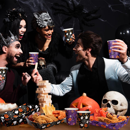 Acellegic 100 Pcs Halloween Paper Disposable Tableware Paper Food Trays Serving Boats Snack Food Container 9 oz Pumpkin Ghost Bats Disposable Cups Black Purple Halloween Party Supplies Kit