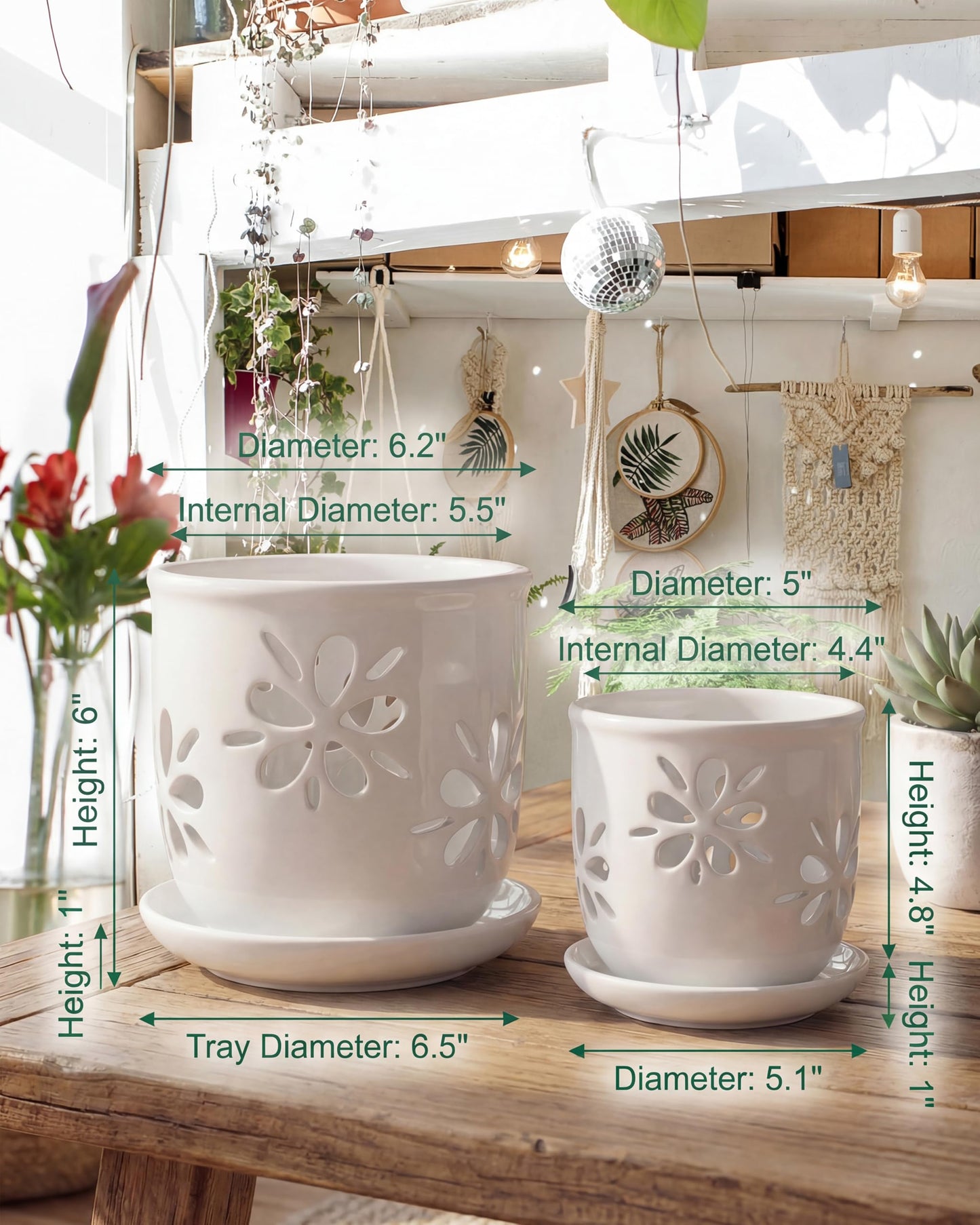 vensovo 5+6 Inch Orchid Pot with Holes and Saucer - White Ceramic Orchid Planter for Repotting, Flower Pot for Indoor/Outdoor Plants (2 Packs)
