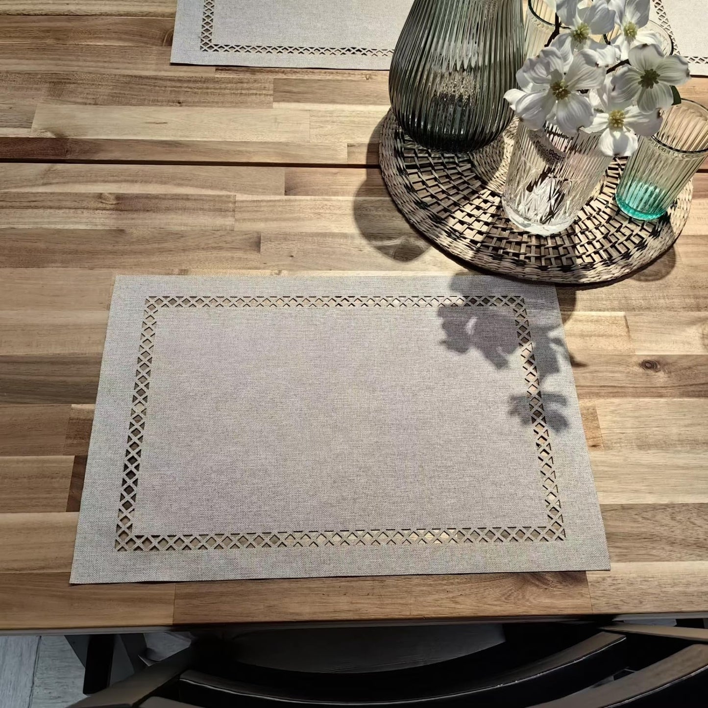 Placemats Set of 6 for Dining Table with Hollow Edge Design- Table Mats 12x 18 Inch, Cloth Place mats Machine Washable (Beige 6pcs)