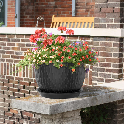 Meowell 12/10/9 inch Large Plant Pots, 3 Pack Wide Flower Pots for Outdoor Indoor Plants with Water Ripples, Big Plastic Planters with Drainage Holes and Saucers for Garden House Plants, Black