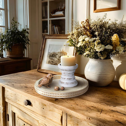 Pillar Candle Holder, Farmhouse Wood Candle Holder, Rustic Wooden Candle Stand, Vintage Small Wooden Candlestick Holders for Living Room, Table Centerpiece, White