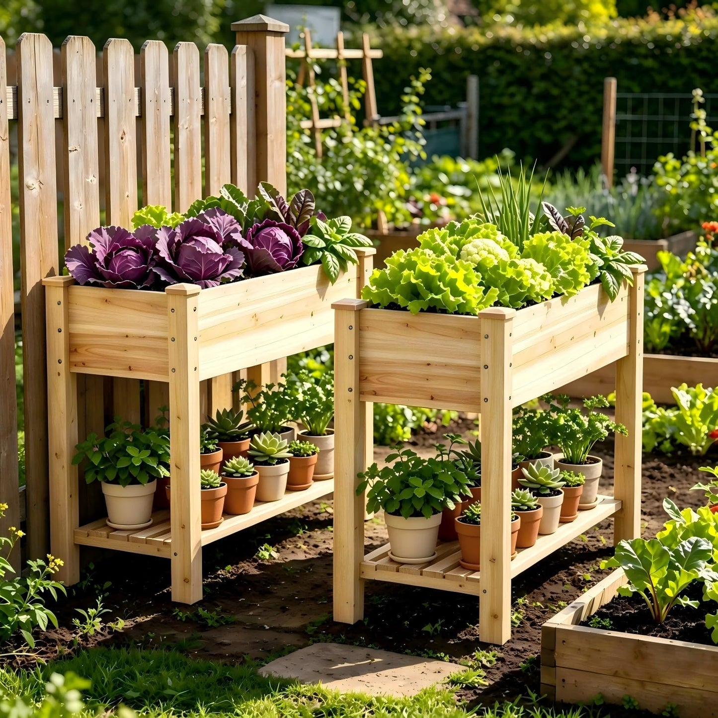 48x24x30.7 Wood Raised Garden Bed with Legs Wooden Planter Box with Storage Shelf Elevated Wood Planter Box for Vegetables Flowers Herbs Garden Planter for Backyard Patio Balcony (Natural, Medium)