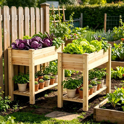 48x24x30.7 Wood Raised Garden Bed with Legs Wooden Planter Box with Storage Shelf Elevated Wood Planter Box for Vegetables Flowers Herbs Garden Planter for Backyard Patio Balcony (Natural, Medium)