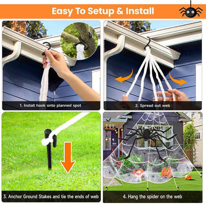 Newar Halloween Giant Spider Webs Decorations Outdoor, 276" Triangle Giant Spider Web + 59" Scary Big Spider + 20Pcs Small Spiders + 40g Stretch Cobwebs for Yard Porch Garden Haunted House Decor