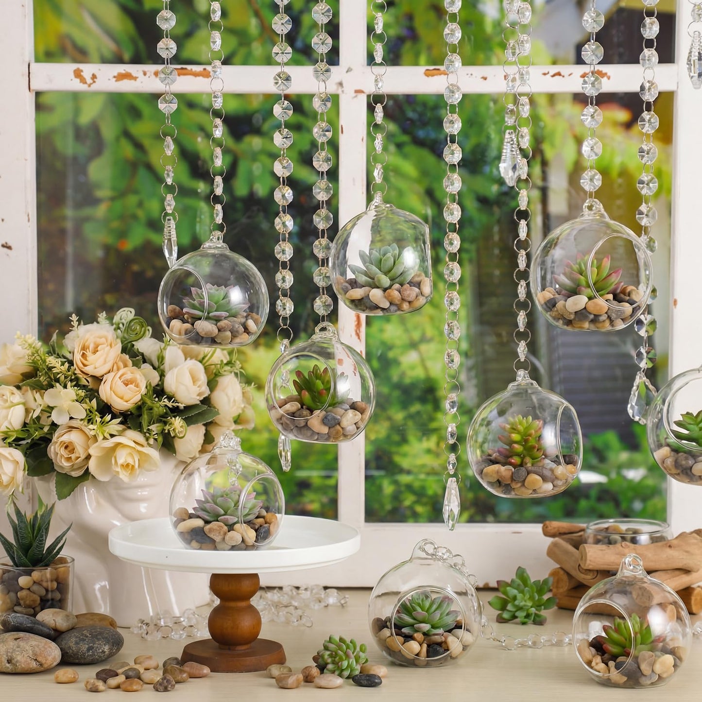 GlikCeil 56 Pcs 3.15'' Hanging Glass Tealight Holder with Clear K9 Crystal Garland Strands and Maple Leaf Pendants Globe Plant Terrariums Glass Orbs for Wedding Party Valentine Decoration