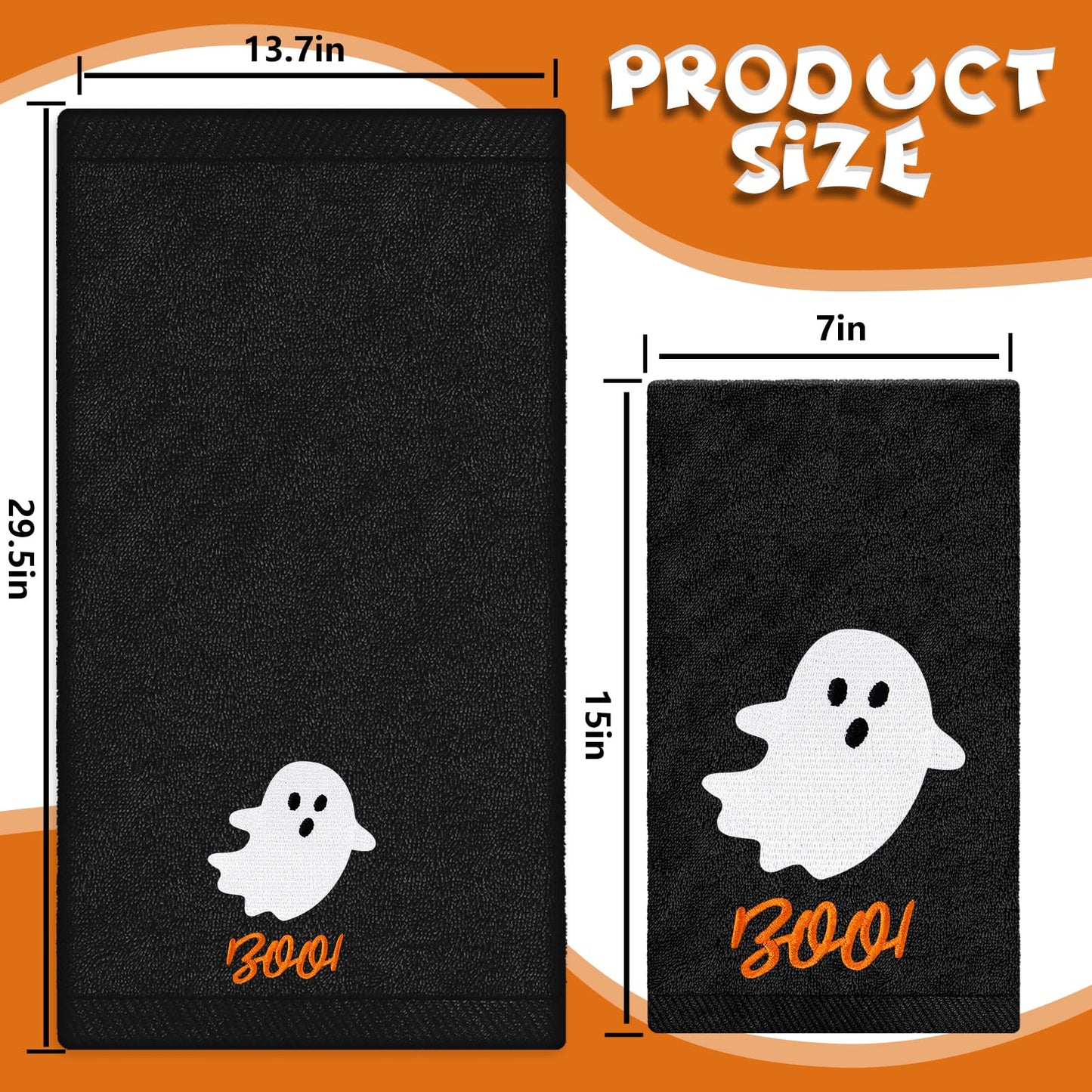 JarThenaAMCS Halloween Hand Towels Boo Ghost Pumpkin Face Embroidered Cotton Bathroom Towel Absorbent Bath Towel for Hand Drying Cleaning Cooking, 29.5 x 13.7 Inch, 2Pcs
