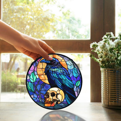 TNUW Black Raven Halloween Stained Glass Window Hanging, Gothic Skull Black Crow Sun Catchers Indoor Window Glass Round Wall Art Decor, Halloween Wall Hanging Decorations, 7.9＂x7.9＂
