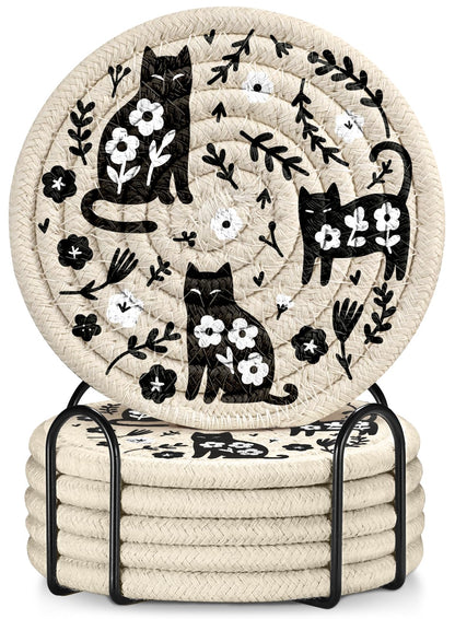 Kokaaee Cup Coasters for Drinks Absorbent - for Coffee Wooden Table Office Home Farmhouse Outdoor Rustic Desk Cup Mat Soft Woven Cloth Braided Fabric Cute Flower Cat Coaster Set of 6 with Holder