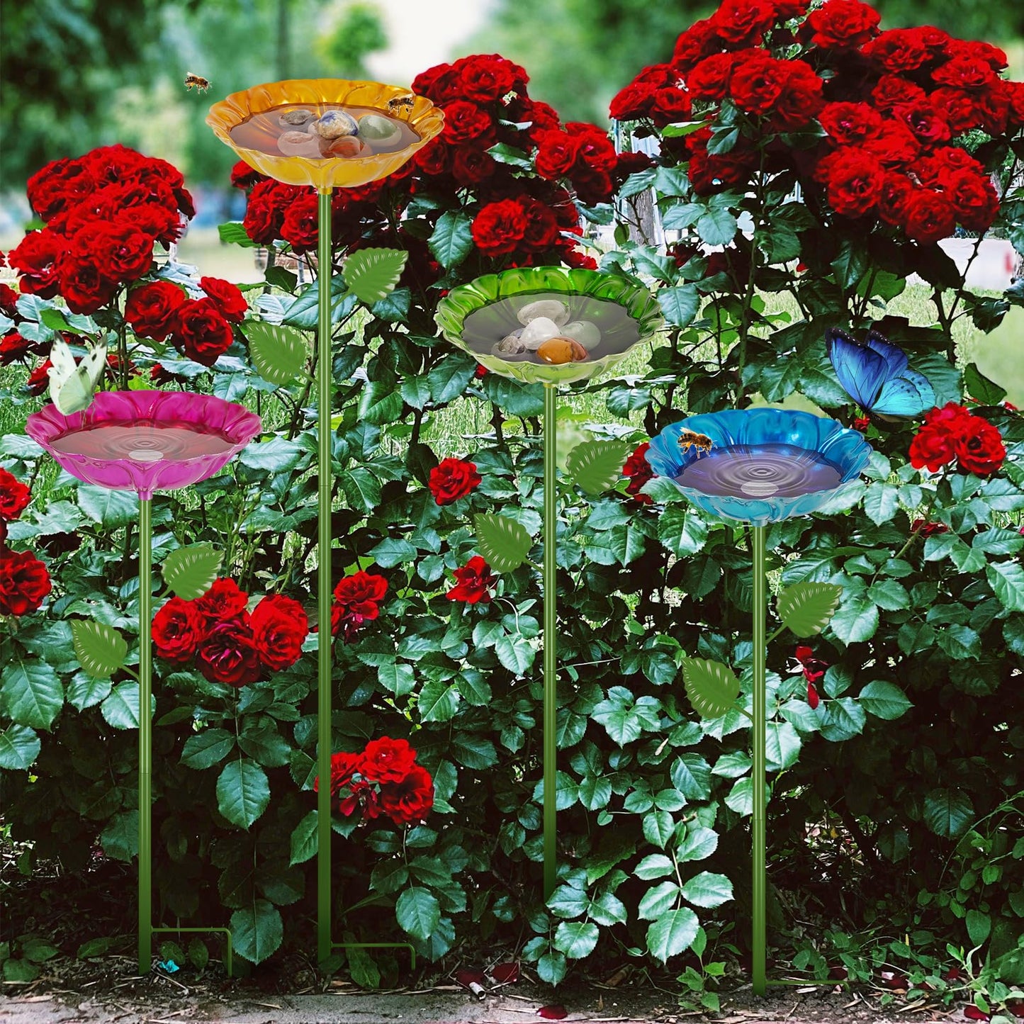 Bee Watering Station | 4 Pack Bee Baths for Garden | Metal Flowers Decorative Garden Stakes | Butterfly Feeder for Outside Garden Yard Decor (Red,Green,Blue,Yellow)