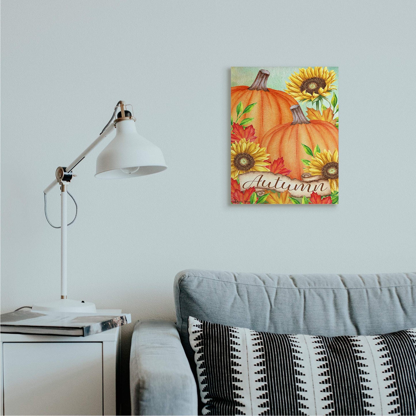 Stupell Industries Autumn Pumpkins with Sunflowers Red Leaves, Design by Sheri Hart Canvas Wall Art, 16 x 20, Orange