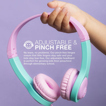 JLab JBuddies Folding Kids Wired Headphones Gen 2, Pink/Teal, Toddler Headphones, Noise Isolation, Kids Safe, Volume Limiting, for Children Ages 2+