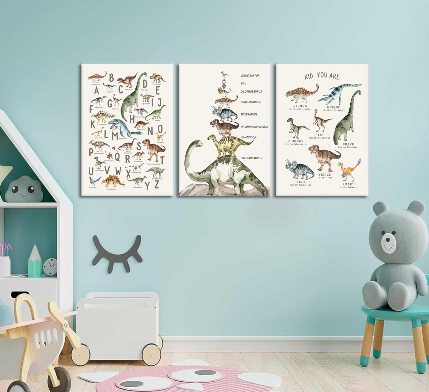 3Pcs Kids Dinosaur Species Canvas Wall Art Dinosaur Alphabet Painting Boys Room Wall Decor Tyrannosaurus Encyclopedia Educational Posters Prints Teen Cool Pictures for Home Classroom Nursery Framed