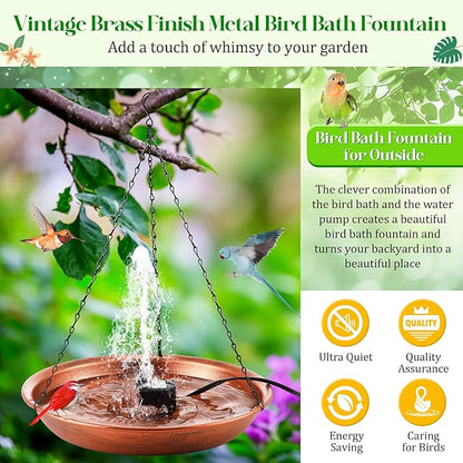 24.8 Extra Large Hanging Bird Bath with 8W Fountain Pump, 14" Copper Metal Bird Bath Bowl with Adjustable 3 Water Flow Modes and 2 Spray Nozzles, Birdbath Feeder for Outdoor Garden Backyard Patio Lawn