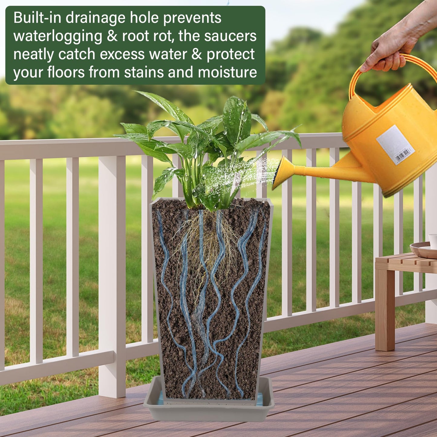 Neoaider Set of 2 Tall Planter, 21 inch Large Plastic Planter with Drain Hole & Saucers, Large Outdoor Planters for Porch, Garden, Patio, Balcony(Light Gray)