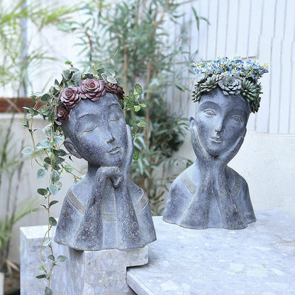 Newman House Studio Head Planter Girl Sculpture Large Face Flower Pot Succulents Cactus Pot for Home Garden Decor, Set of 2