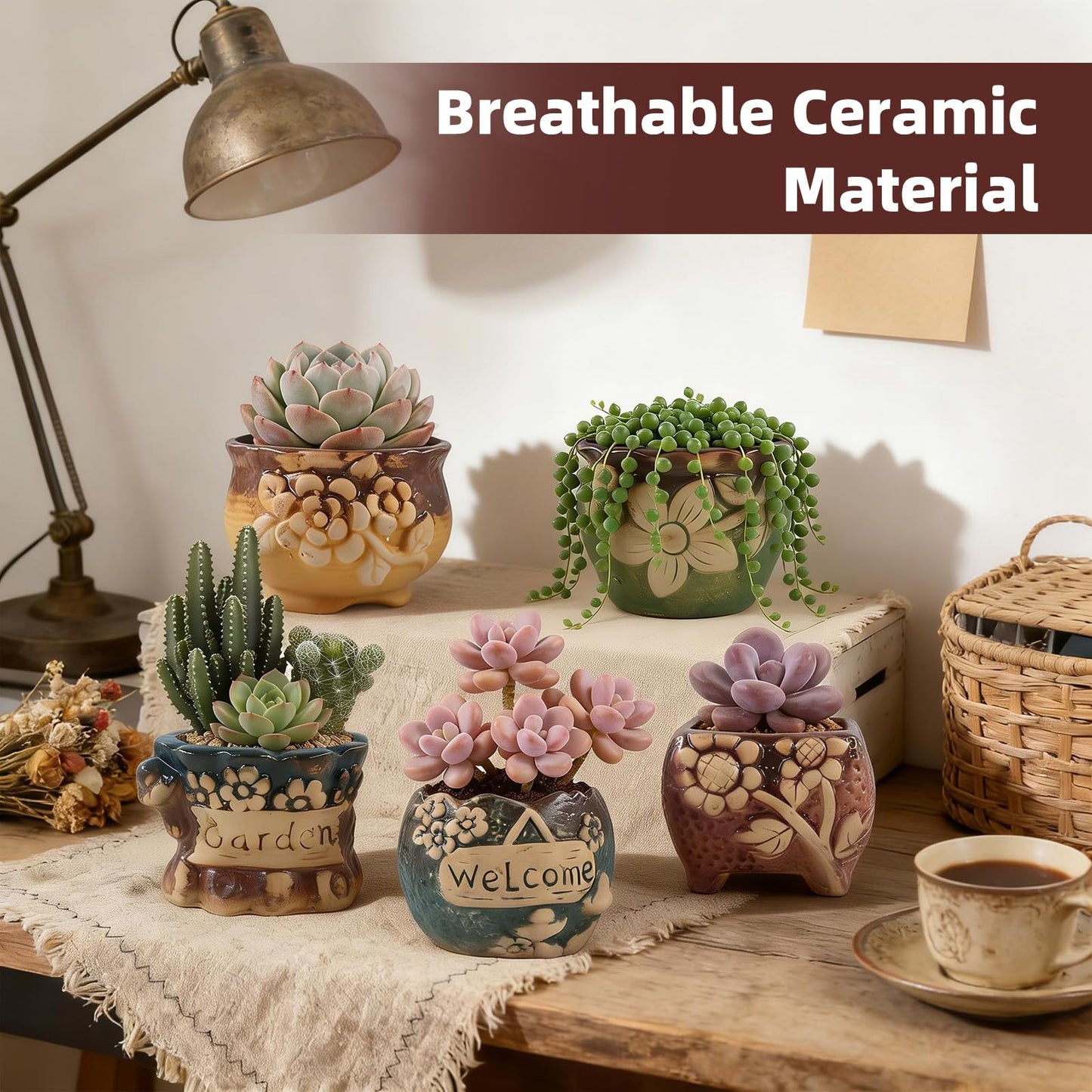 ginojex Succulent Ceramic Garden Pots Small Plant Planter Container with Drainage Set of 5 for Home Office Decor