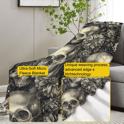 VANZEV Gothic Garden Skull Fleece Blanket Gifts, Dark Floral and Skeleton Design, Soft Throw 50x60 inches, Elegant Home Halloween Decor - Black and White