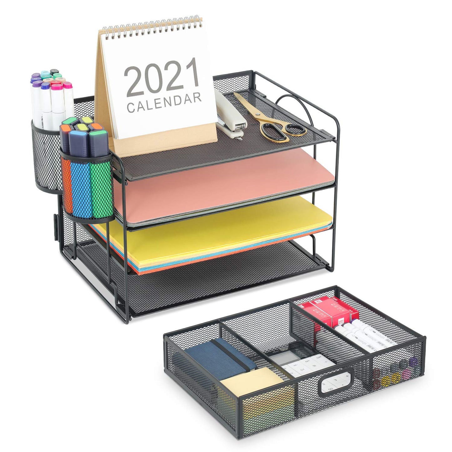 Marbrasse Desk Organizer and Accessories4-Tier Paper File Letter Tray Accessories & Workspace Desk Organizers with Drawer and 2 Pen Holders for School Home Office Supplies (Black)