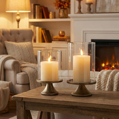 SUJUN Set of 2 Hurricane Candle Holder Set with Glass Dome & Iron Base – Elegant Decorative Pillar Candle Holders for Living Room, Dining Room & Bedroom Centerpiece - Ideal Home Décor