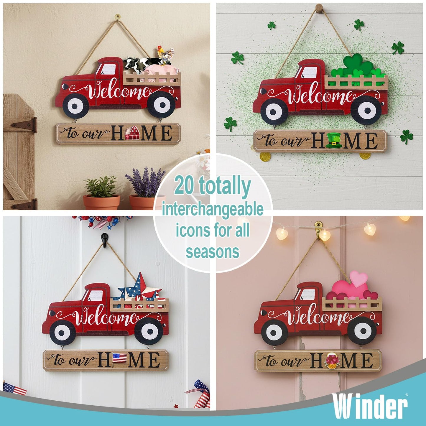 Winder 20Pcs Interchangeable Welcome Sign for Front Door,Seasonal Red Truck Decor Hanging Sign for Valentines,Easter, Independence Day,Halloween,Christmas Home Decor,Housewarming Gift