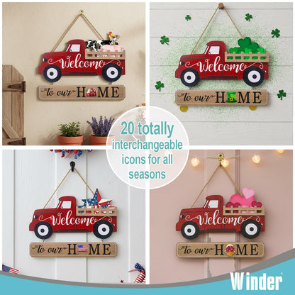 Winder 20Pcs Interchangeable Welcome Sign for Front Door,Seasonal Red Truck Decor Hanging Sign for Valentines,Easter, Independence Day,Halloween,Christmas Home Decor,Housewarming Gift