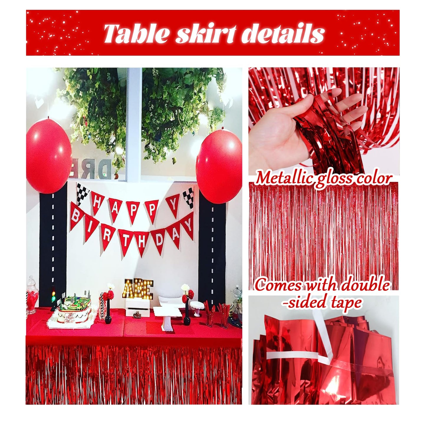 6 PCS Red Metallic Foil Fringe Tinsel Table Skirts 9 Feet x29.5 Inch for Rectangle Tables, Tinsel Backdrop Curtains,Party Supplies,Wedding, Birthday, Parade Floats, Christmas Decorations