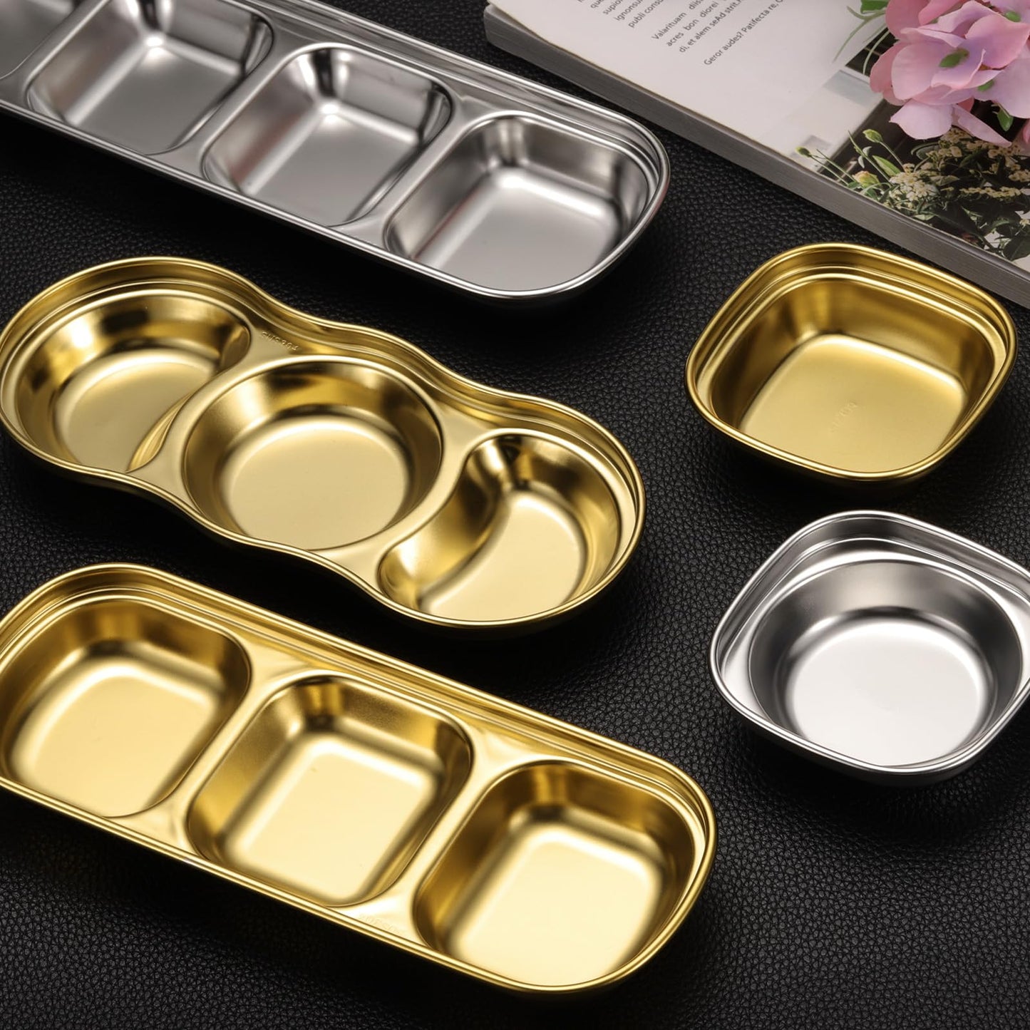 uxcell 6 Pack Stainless Steel Dish Dipping Bowls with 2 Round Compartment Divided, Metal Seasoning Plate Dipping Bowl for Condiment Home Party Restaurant Picnic Travel, Silver