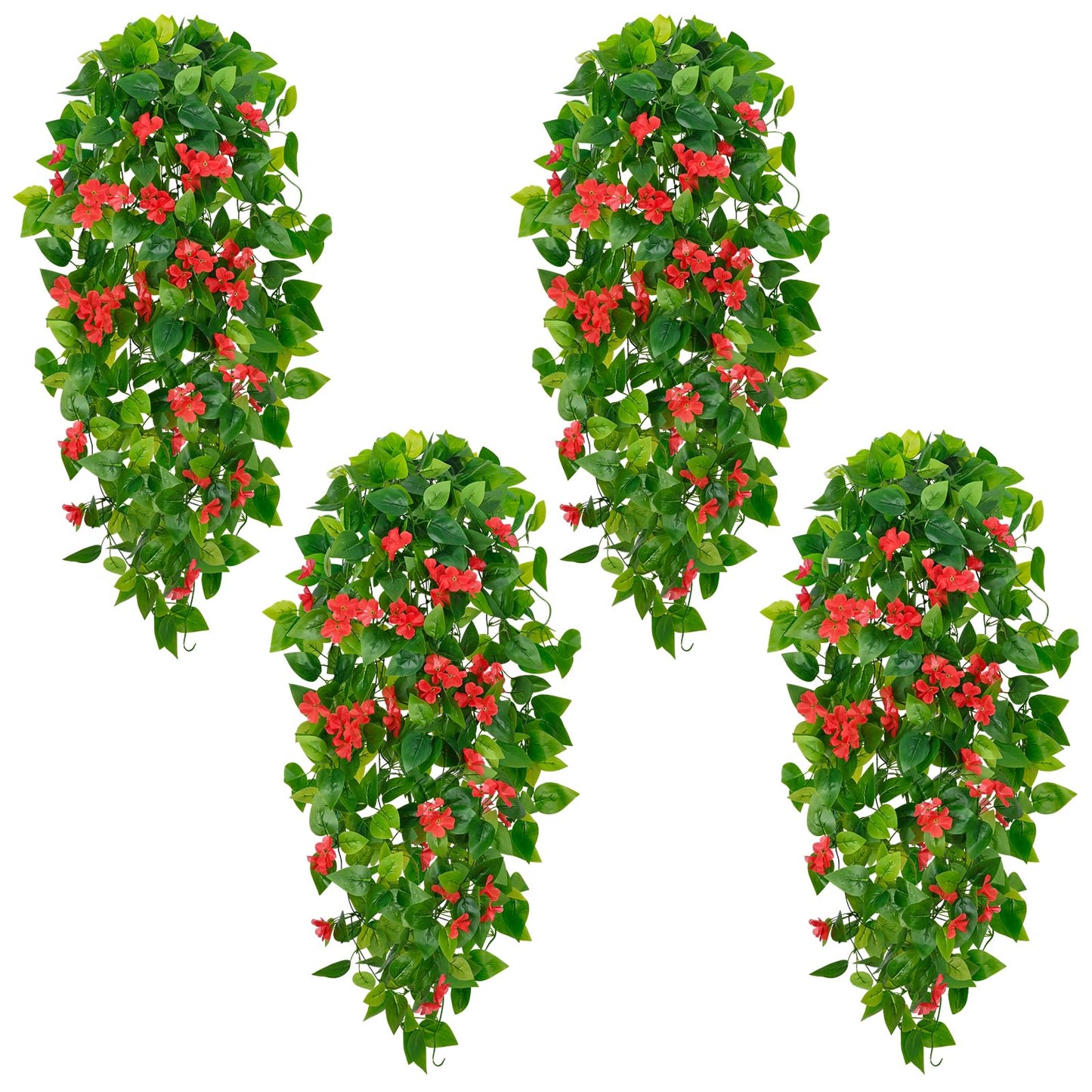 BLEUM CADE Artificial Hanging Flowers for Outdoors, 4pcs Fake Hanging Plants Pothos Vines with Red Flowers for Wall Home Living Room Indoor Outdoor Decor (No Baskets)