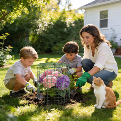PREUVEDE 6 Pack Dark Green Plant Protectors, 11.8×11.8in Round Wire Garden Fence Cage with Lid, Animal-Proof Mesh Plant Covers for Rabbits, Squirrels & Pets, Stakes, Zip Ties & Gloves Included