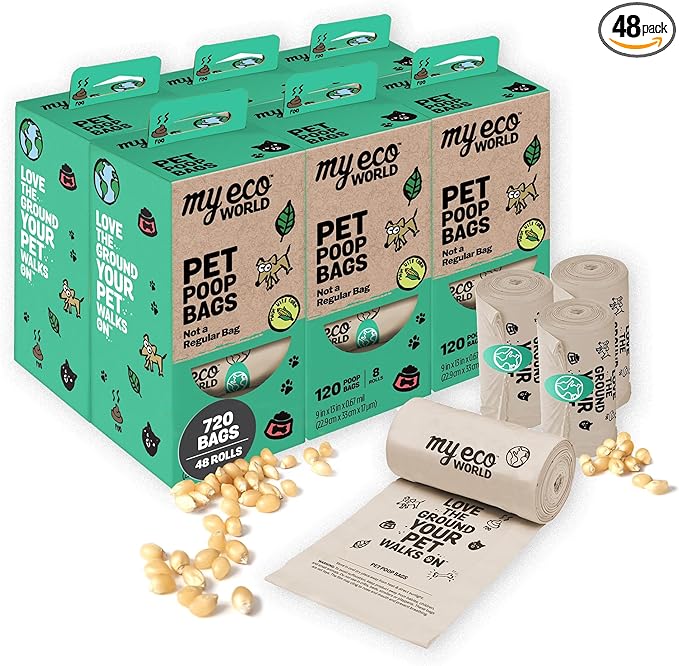 MyEcoWorld® Compostable Pet Poop Bags - Made with Corn and Other Certified Compostable Materials - 720 Bags - 48 Roll - Extra Strong - Leak Proof - Unscented - Easy to Open