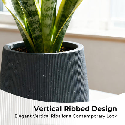 Worth Garden Large Dark Gray Round Planter, 12.5" x 18.5" Lightweight Magnesium Oxide Cement Plant Pot with a Striped Textured Finish, Raised Pattern Concrete Look, Drainage Hole, Indoor & Outdoor