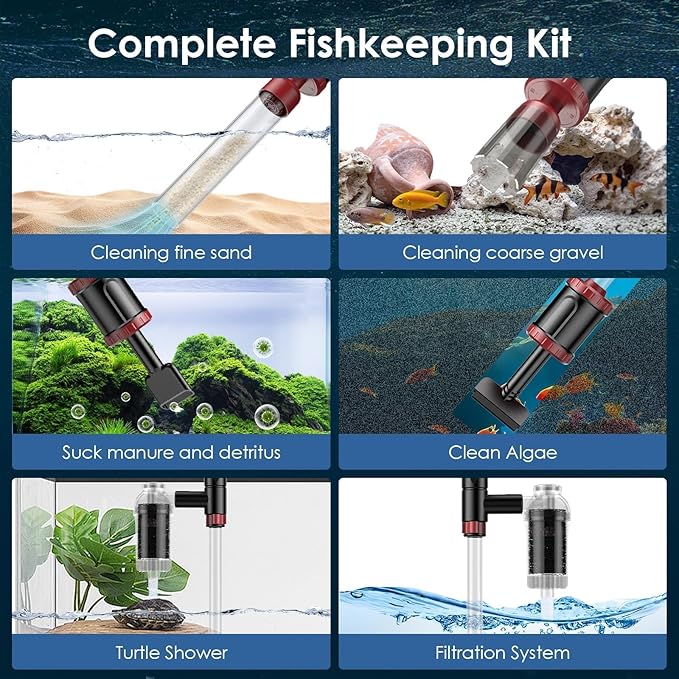 AKKEE Aquarium Vacuum Gravel Cleaner, 36W Electric Fish Tank Cleaner Vacuum, 8 in 1 Multifunctional Aquarium Cleaner for Automatic Water Change, Wash Sand, Water Circulation and Timed Off