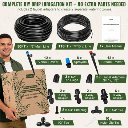 Spalolen Push-to-Connect Drip Irrigation System Kit, 2-Zone Garden Watering System with 50FT 1/2" Mainline, Leak-Resistant Quick Connect Fittings, Adjustable Emitters for Raised Beds, Greenhouse