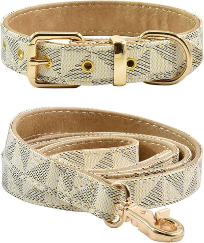 Leather Dog Collar and Leash Set, Check Pattern Dog Collar Leashes Metal Buckle Adjustable Durable for Small Medium Large Dogs (White, L(14.5-18.5IN))