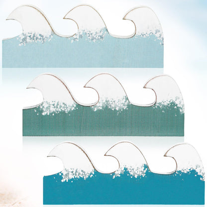 Qunclay 3 Pcs Coastal Table Decor Wooden Waves Ocean Decor Summer Beach Tiered Tray Blue Wave Sign Centerpieces for Table Home Office Bedroom Nursery