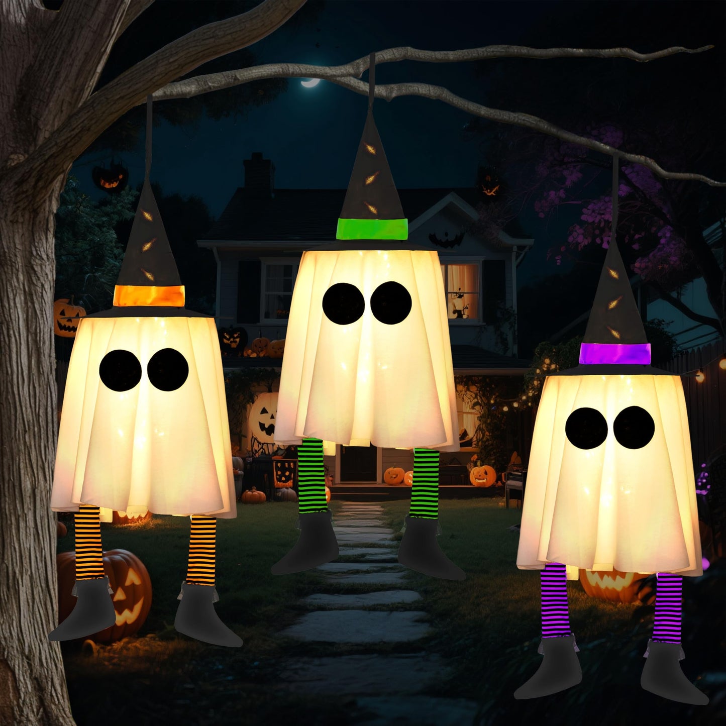 JOYIN 23.6'' 3PCS Halloween Hanging Ghosts Decorations Outdoor, Warm Light Up Ghosts Tree Decors with Witch Hats & Timer, Halloween Decorations for Yard Patio Garden Outside Haunted House Party