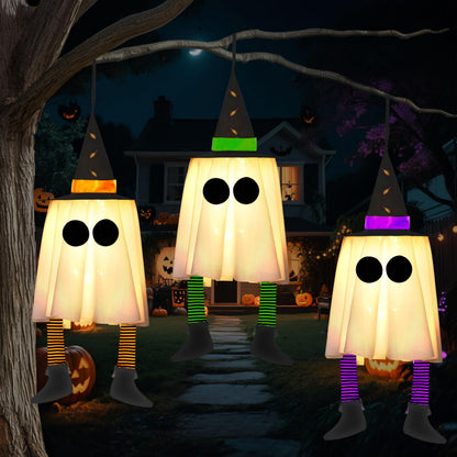 JOYIN 23.6'' 3PCS Halloween Hanging Ghosts Decorations Outdoor, Warm Light Up Ghosts Tree Decors with Witch Hats & Timer, Halloween Decorations for Yard Patio Garden Outside Haunted House Party