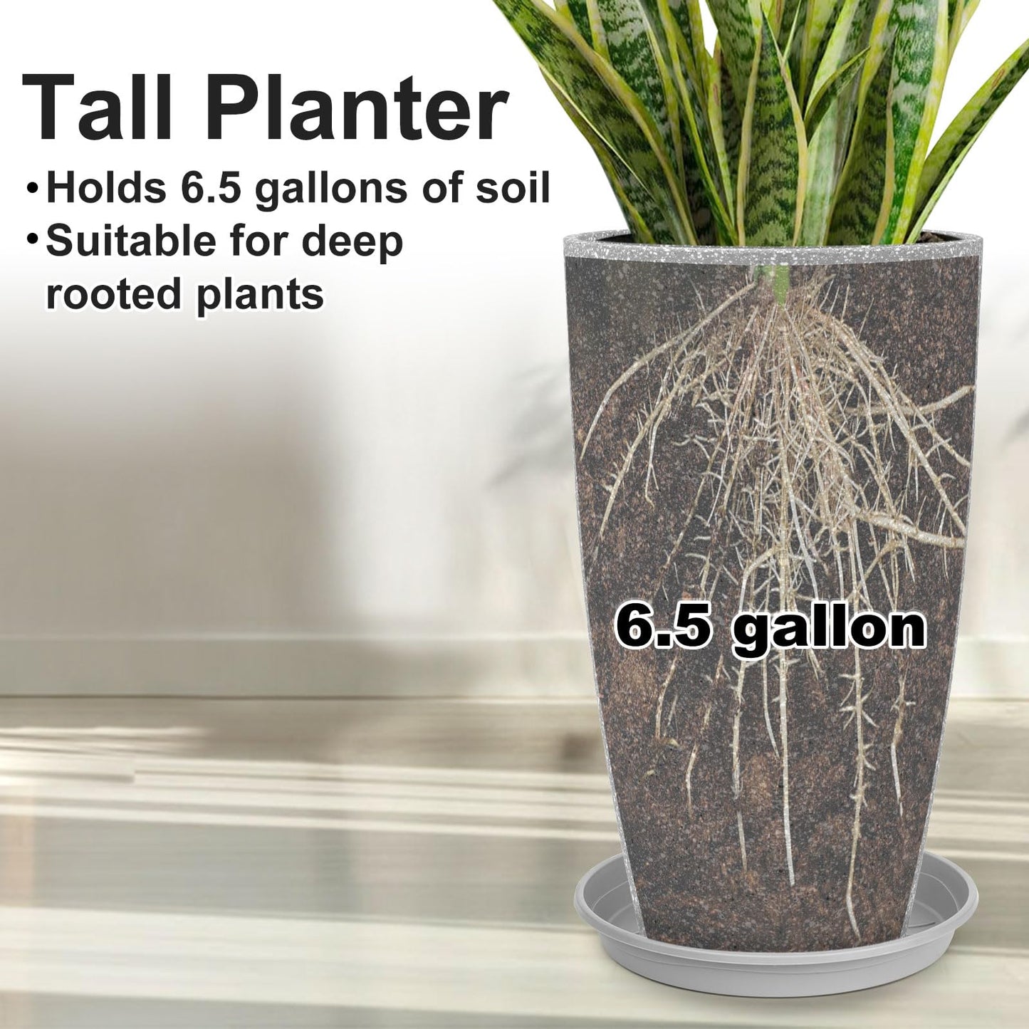 GameXcel Tall Flower Pot Indoor - Outdoor Plant Pot - Gray Rough Planter - Elegant Stone Imitation - 12" Diameter 21" Tall with Drainage Holes and Saucer 2 Pack