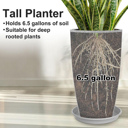 GameXcel Tall Flower Pot Indoor - Outdoor Plant Pot - Gray Rough Planter - Elegant Stone Imitation - 12" Diameter 21" Tall with Drainage Holes and Saucer 2 Pack