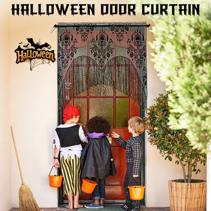 ZeeDix 2 Pcs Halloween Lace Skull Window Curtain- Black Tassel Door Curtain for Halloween Home Party Decorations, Party Supplies