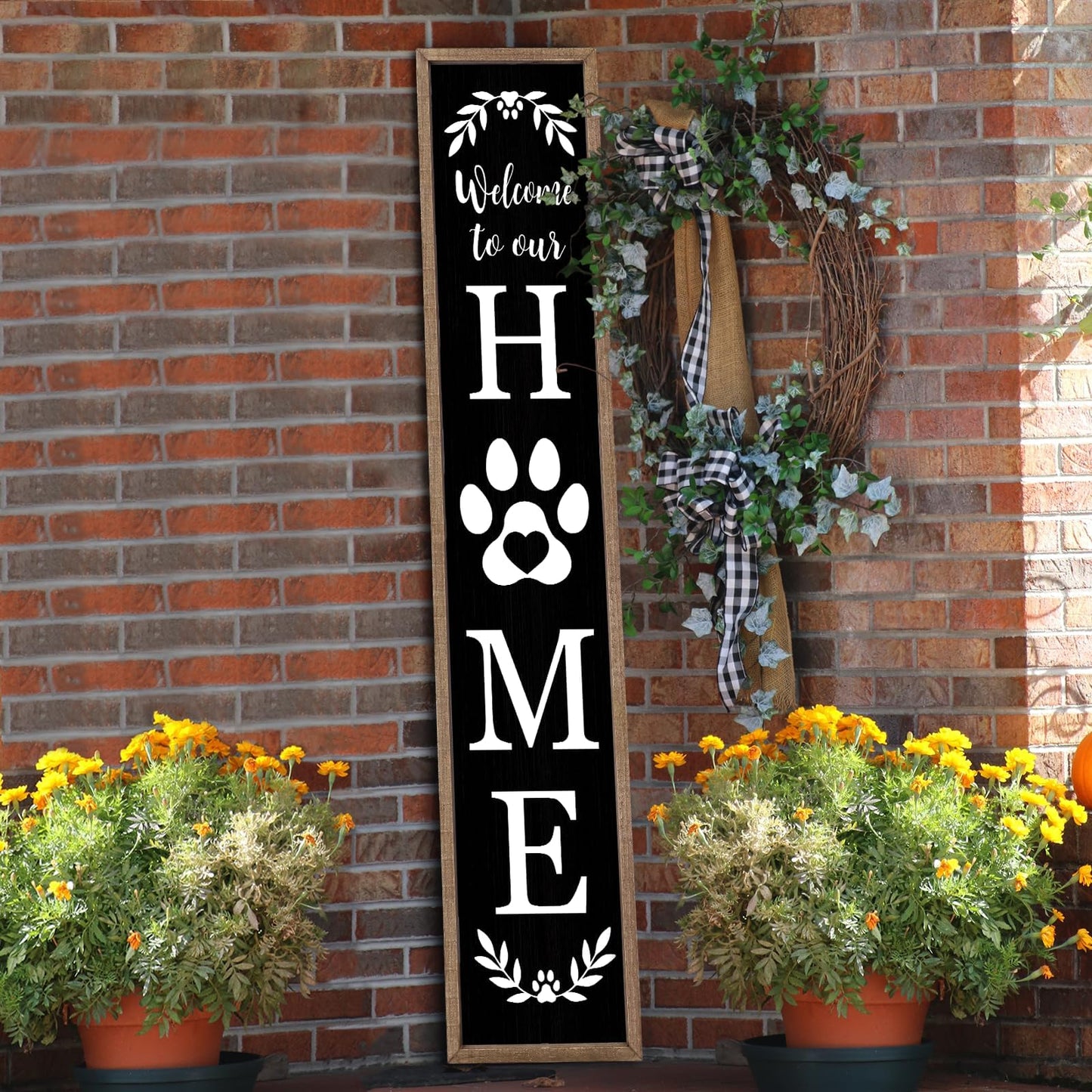 Welcome To Our Home Sign for Front Porch Standing 45X9 Farmhouse Outdoor Front Door Dog Paw Welcome Print Large Rustic Wooden Framed Long Outside Tall Vertical Hanging Decor (Wood Black)