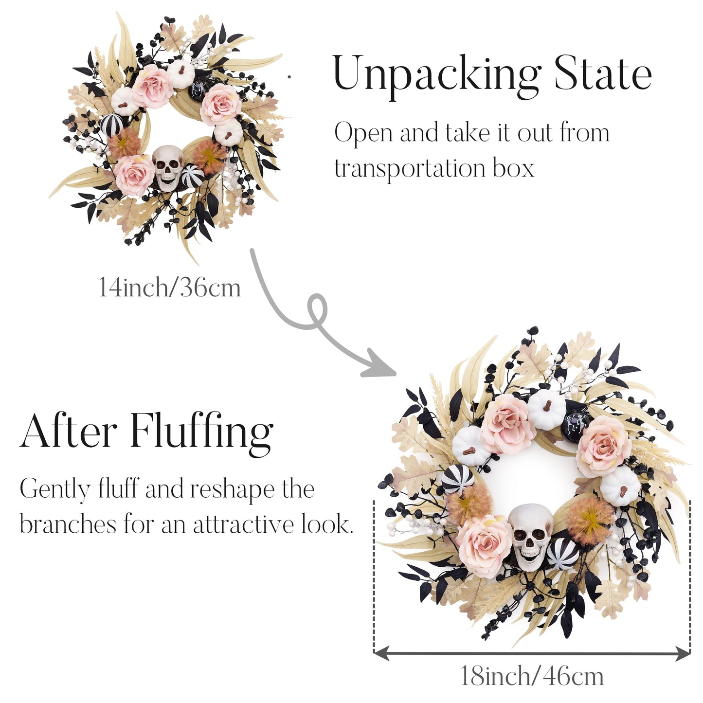 Valery Madelyn 18 Inch Halloween Wreath for Front Door with Lights, Pre-Lit Fall White Pumpkin Skull Wreath Pink Roses Halloween Decorations for Home Porch Table Centerpiece Party Holiday Autumn Decor