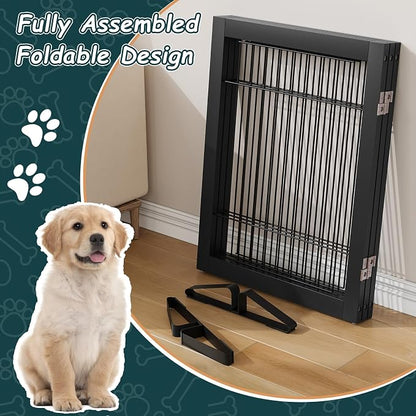Semiocthome Freestanding Dog Gates and Barriers Indoor Pet Gates for Doorways and Stairs 24"H- 3 Panels Puppy Gate with 2 Metals Stands Adjustable Safety Fence Wire Dog Gate with Bamboo Frame - Black